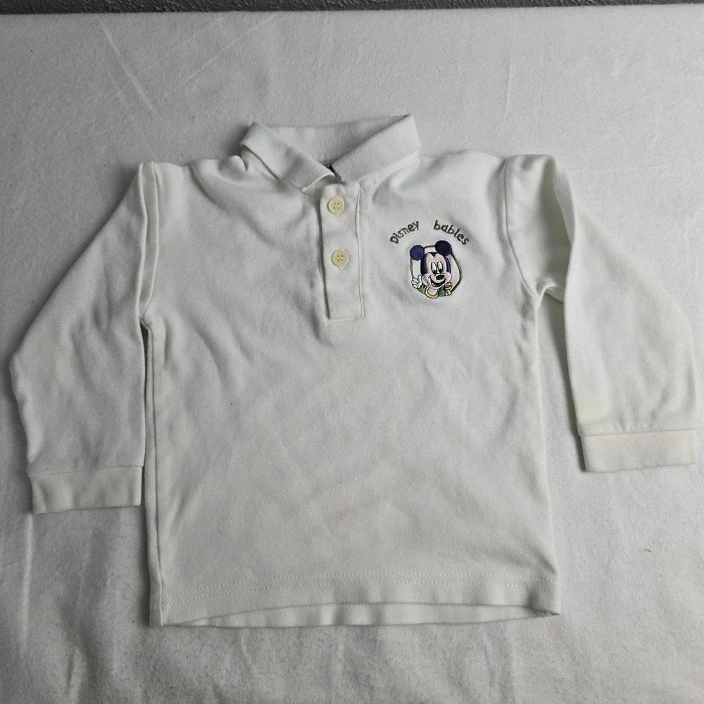 Disney Baby Mickey VTG Unisex White Henley Long Sleeve 12mo‎ Collared Shirt
